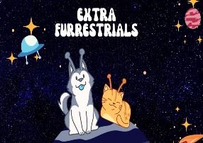 A gray and white husky and an orange and white cat with galaxy of stars and planets in the backgroun
